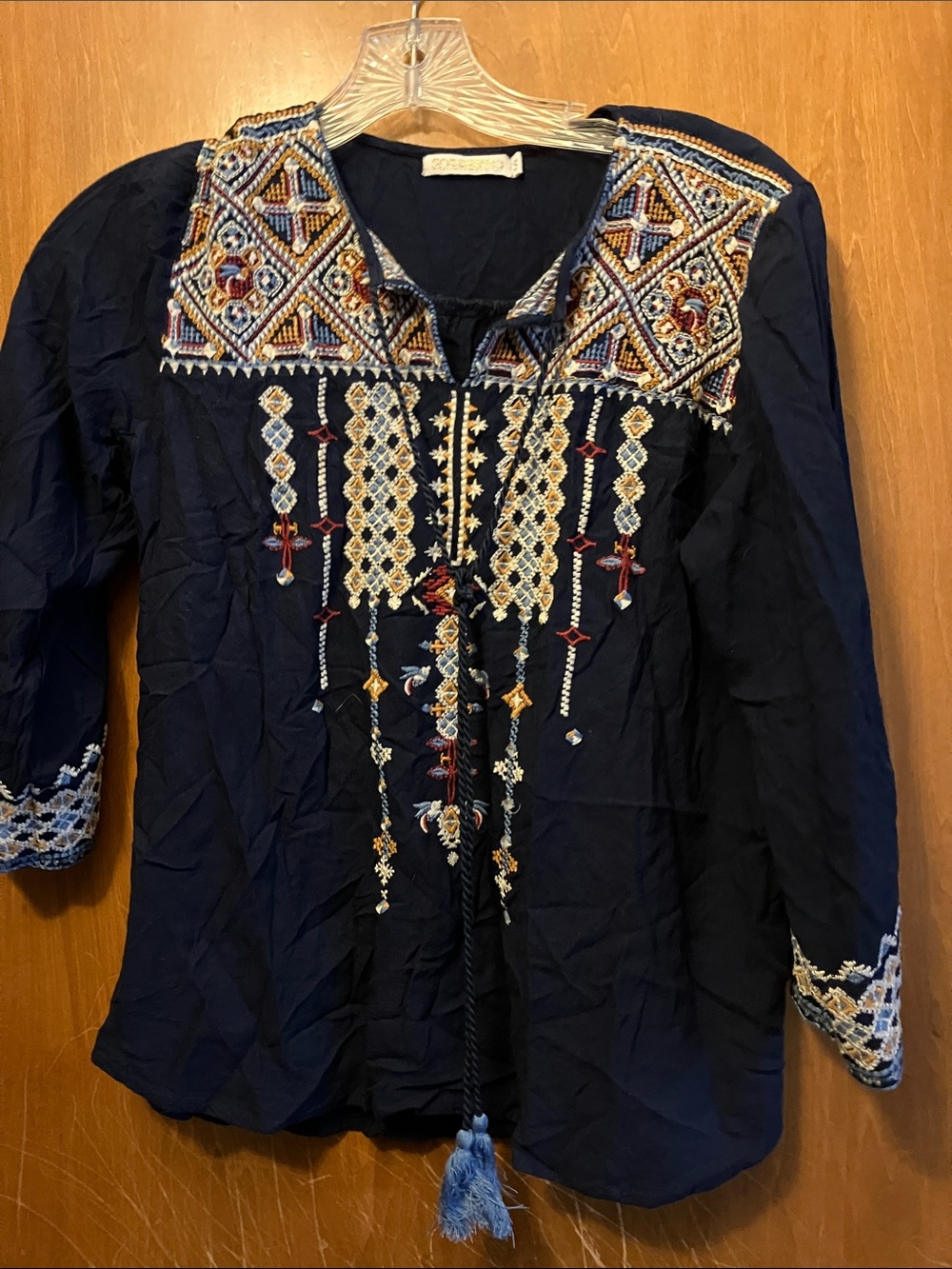Sorrento Embroidered Navy Tassel Peasant Blouse Size S Boho Rayon